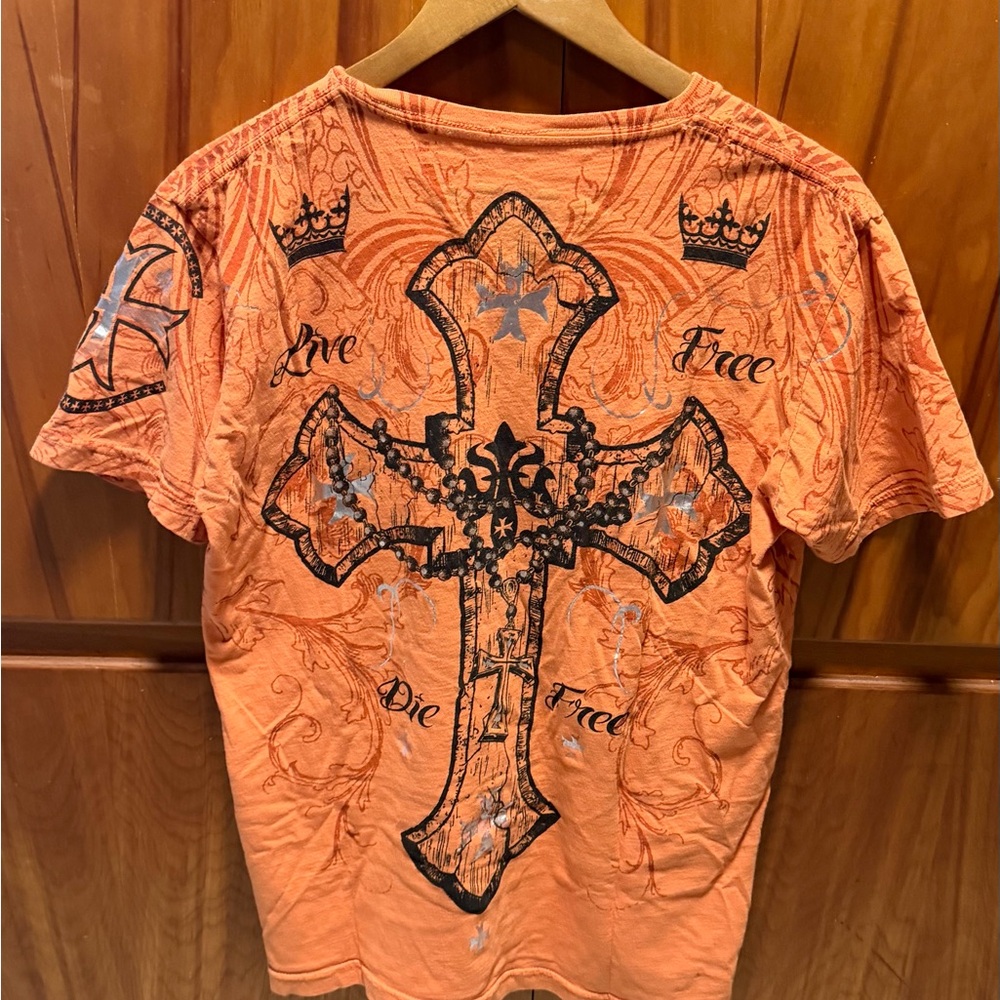 Men's Orange Graphic Tee with Cross Design